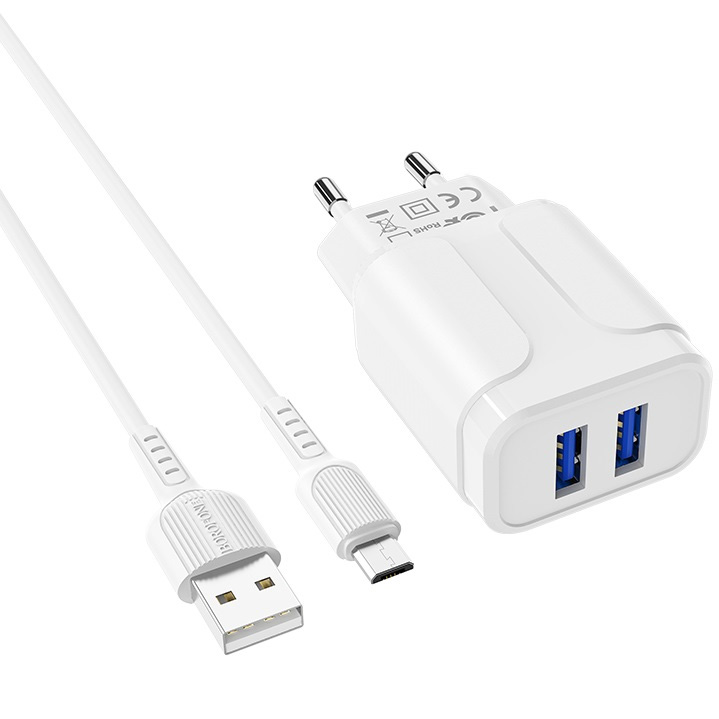 фото Сетевое зарядное устройство 2xusb с кабелем micro usb borofone ba37a speedy - белое