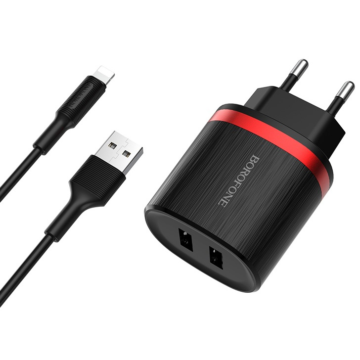 фото Сетевое зарядное устройство 2xusb с кабелем lightning borofone ba7a flashplug - черное