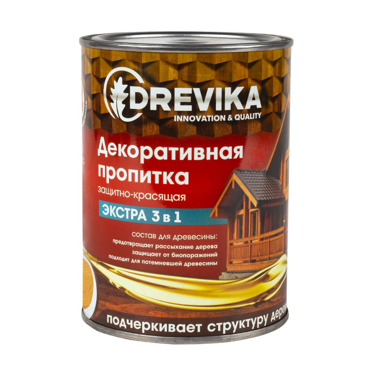 Декоративная пропитка для дерева Drevika Экстра 3 в 1, полуматовая, 0,8 л, сосна