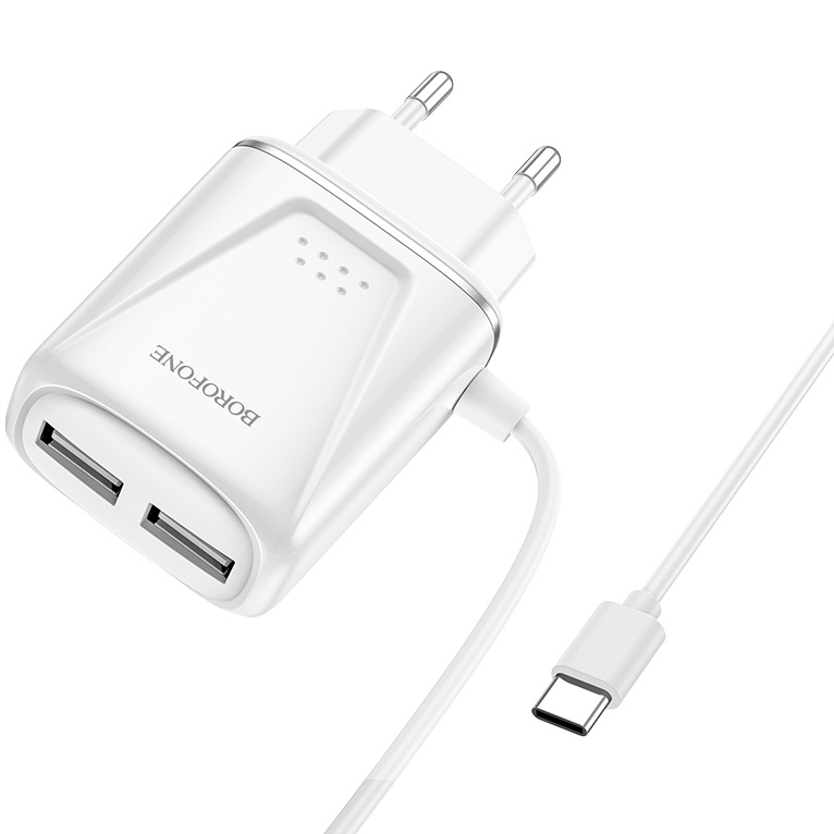 фото Сетевое зарядное устройство 2xusb с кабелем usb type-c borofone ba50a beneficence - белое