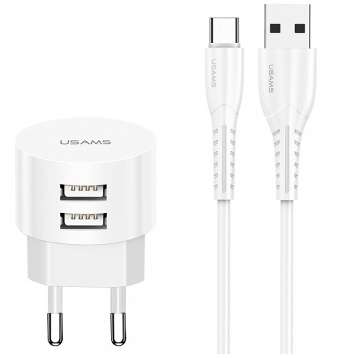 фото Сетевое зарядное устройство 2xusb с кабелем usb type-c usams t20 - белое