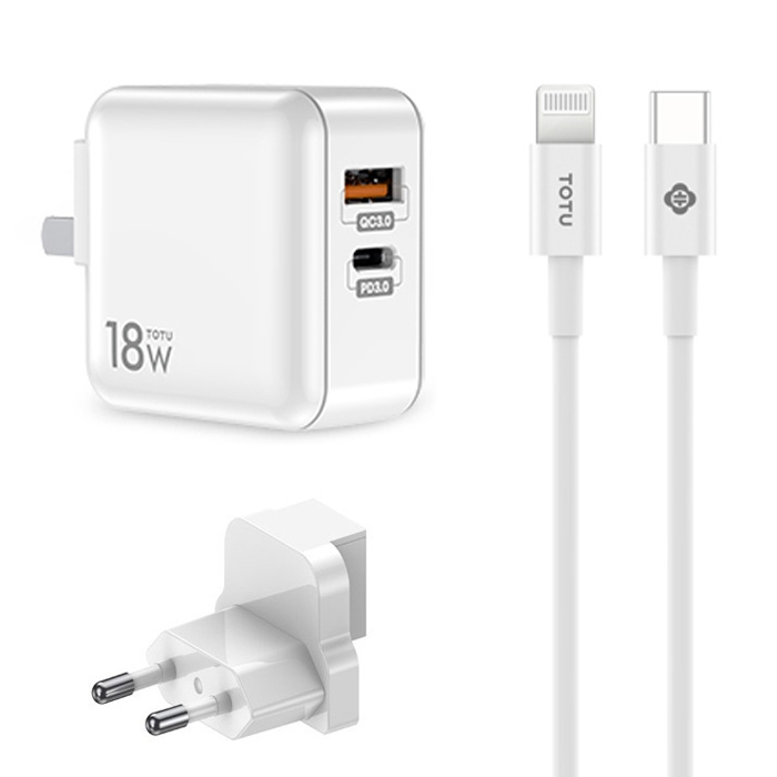 фото Сетевое зарядное устройство быстрое pd+qc 3.0 usb+usb type-c totu hty-0902000 белое