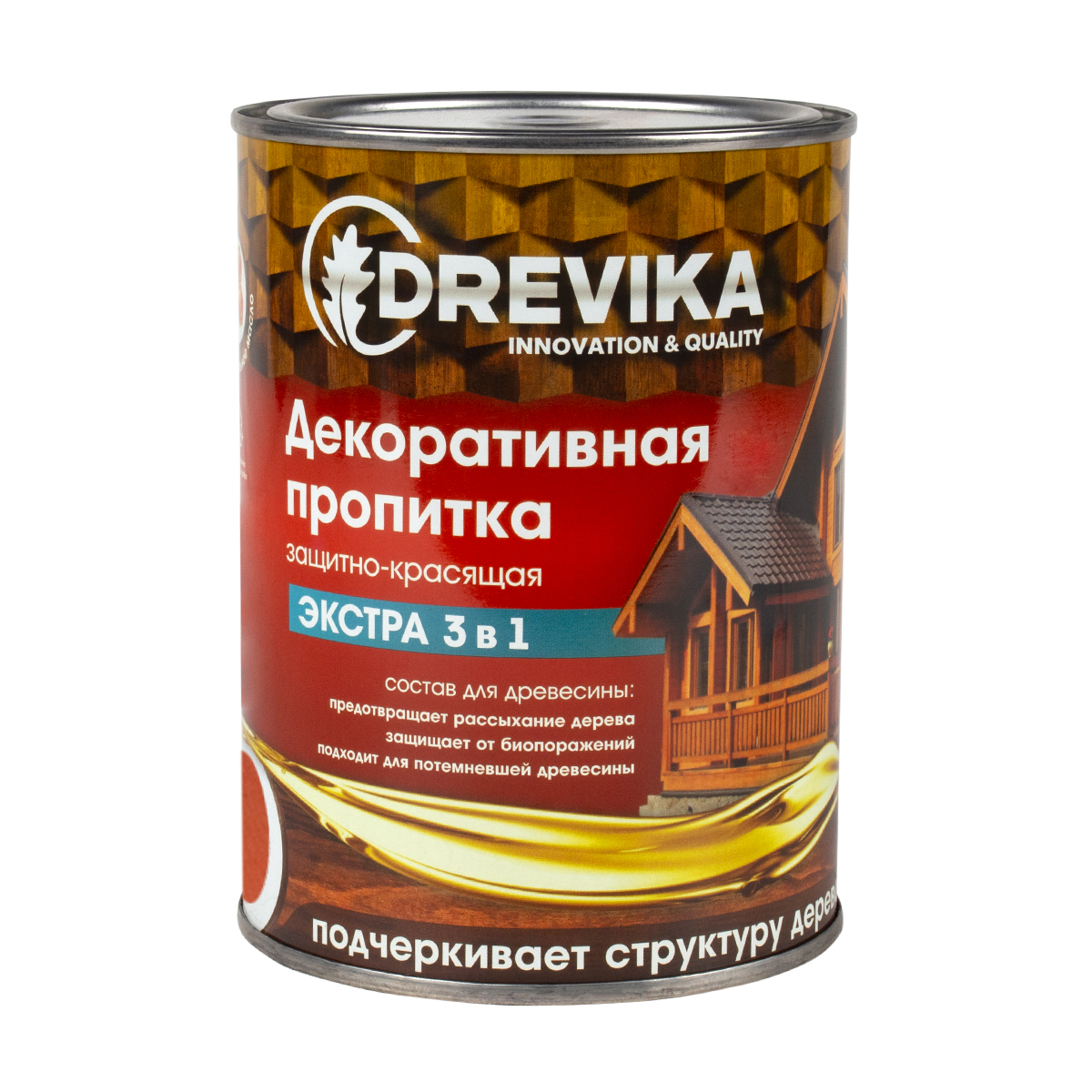 Декоративная пропитка для дерева Drevika Экстра 3 в 1, полуматовая, 0,8 л, рябина