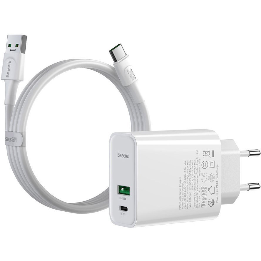

Сетевое ЗУ PD 3.0+QC 4+ USB+USB Type-C Baseus Speed PPS Quick Charger 30W Белое TZCCFS-H02