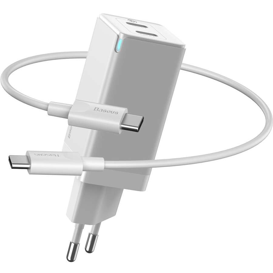 фото Сетевое зарядное устройство pd 3.0+qc 4+ 2xusb type-c baseus gan mini - белое (ccgan-m02)