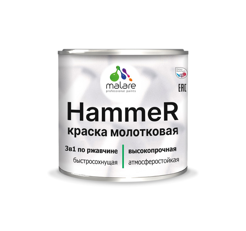 Грунт-Эмаль 3 в 1 Malare Hammer, молотковая краска по металлу, серебристый, 0,8 кг. акриловый грунт hammer