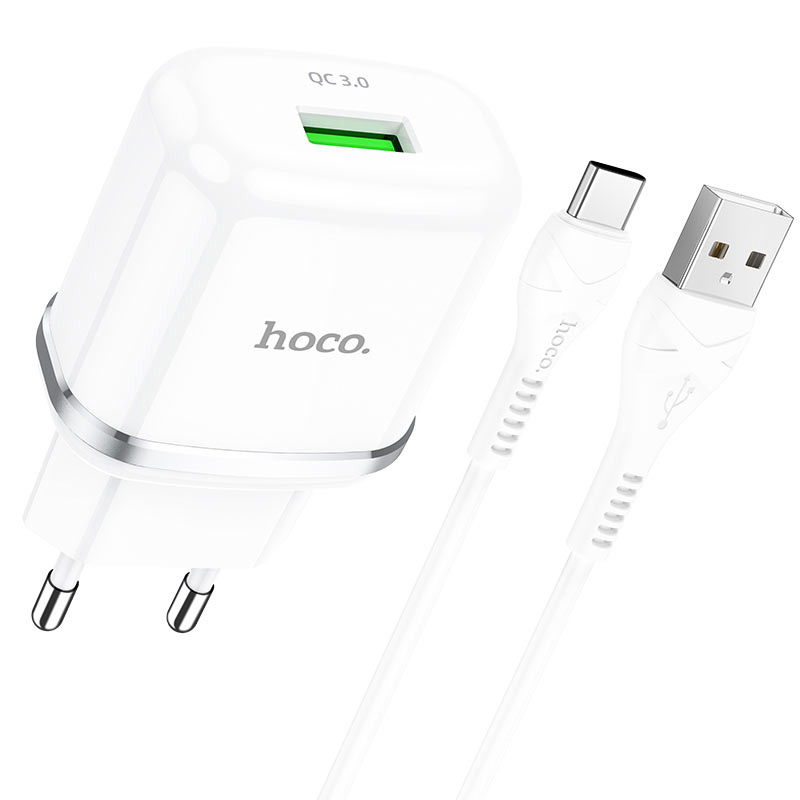 фото Сетевое зарядное устройство быстрое qc 3.0 с кабелем usb type-c hoco n3 special - белое