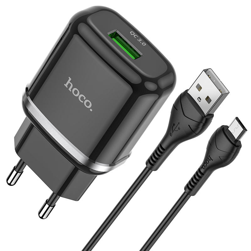 фото Сетевое зарядное устройство быстрое qc 3.0 с кабелем micro usb hoco n3 special - черное