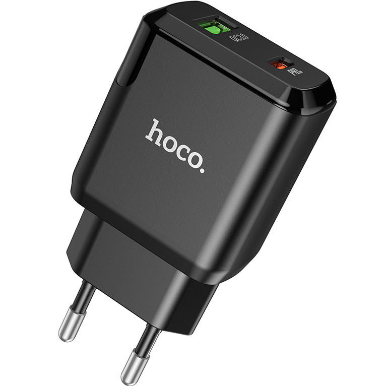 фото Сетевое зарядное устройство быстрое pd+qc 3.0 usb+usb type-c hoco n5 favor - черное