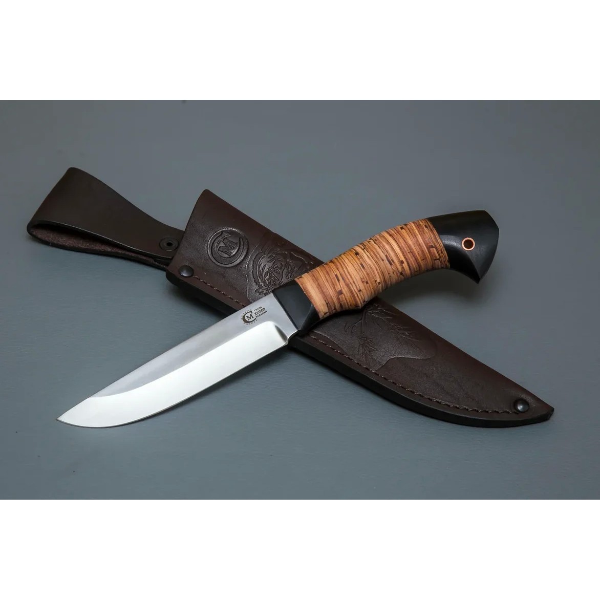 фото Туристический охотничий нож ястреб ворсма, сталь х12мф, береста, граб, ручная работа