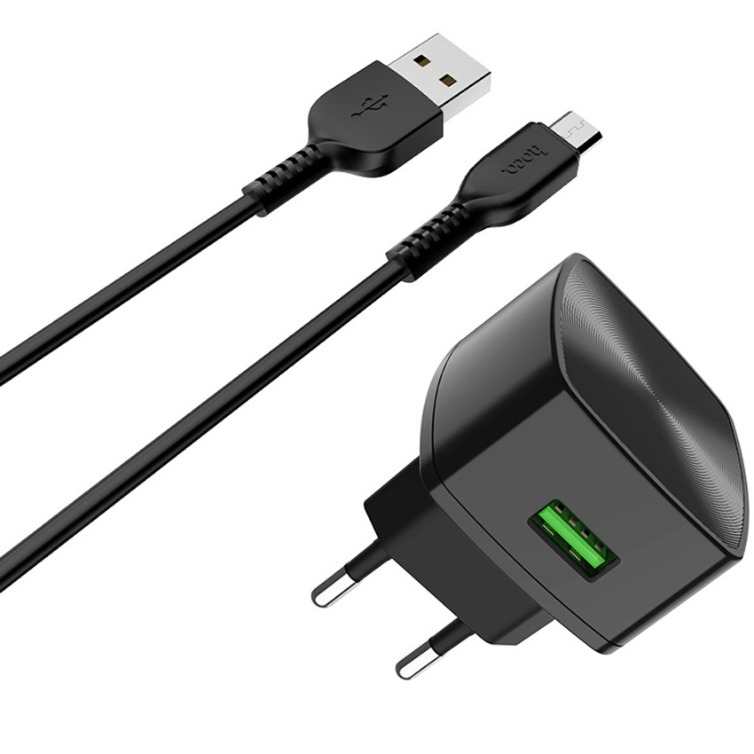 фото Сетевое зарядное устройство qc 3.0 с кабелем micro usb hoco c70a cutting-edge - черное