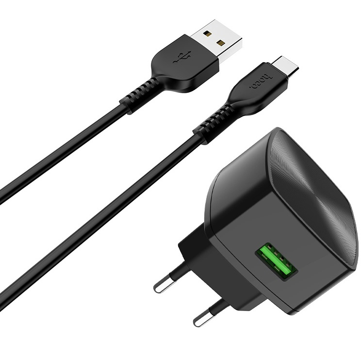 фото Сетевое зарядное устройство qc 3.0 с кабелем usb type-c hoco c70a cutting-edge - черное