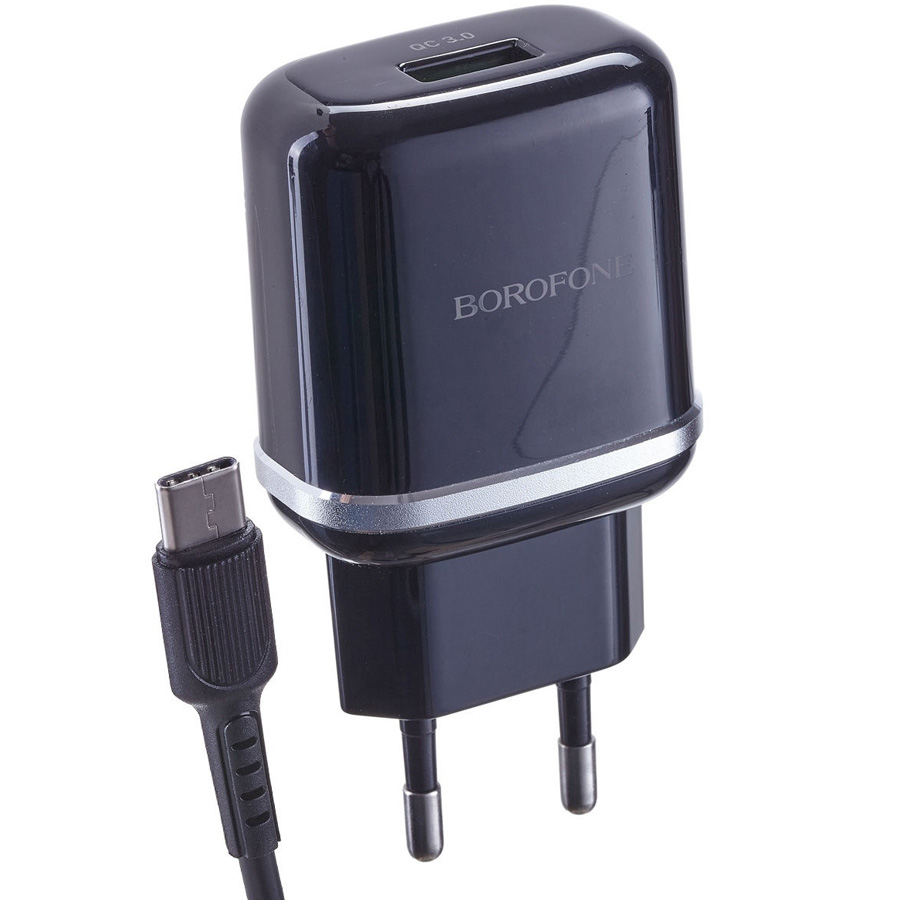 фото Сетевое зарядное устройство qc 3.0 с кабелем usb type-c borofone ba36a high speed - черное