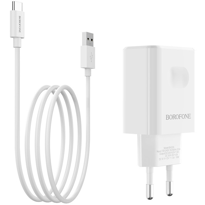 фото Сетевое зарядное устройство qc 3.0 с кабелем usb type-c borofone ba32a bright - белое