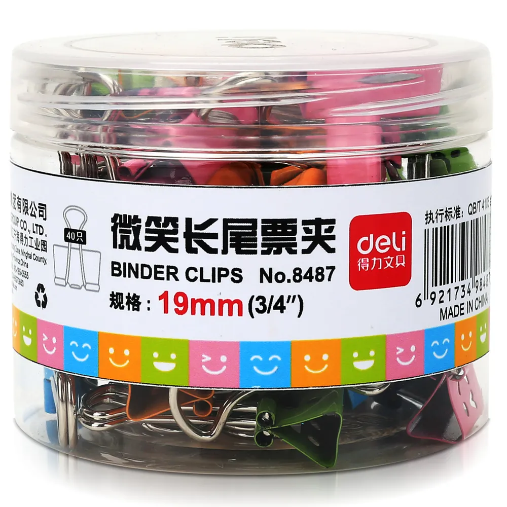 

Зажим для бумаг Deli 8487 smile, 19 мм, ассорти, в комплекте 40 штук, пластиковая туба, Разноцветный