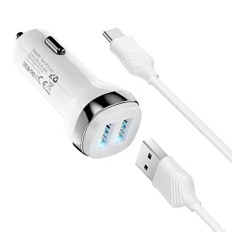 

Автомобильное зарядное устройство Hoco Z40 белый с двумя USB + кабель 1m