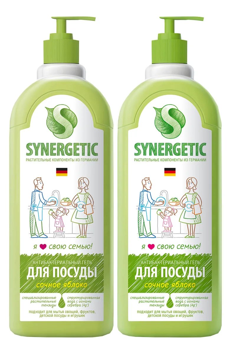 фото Средство для мытья посуды synergetic , детских игрушек с ароматом яблока 1 л х2 шт.