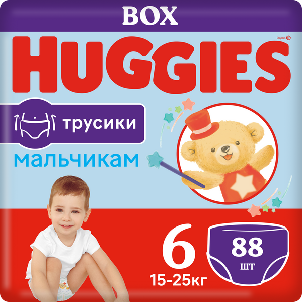 Подгузники-трусики Huggies для мальчиков 15-25 кг, 6 размер, 88 шт подгузники трусики детские тонкие 6 размер 15 20кг 96шт