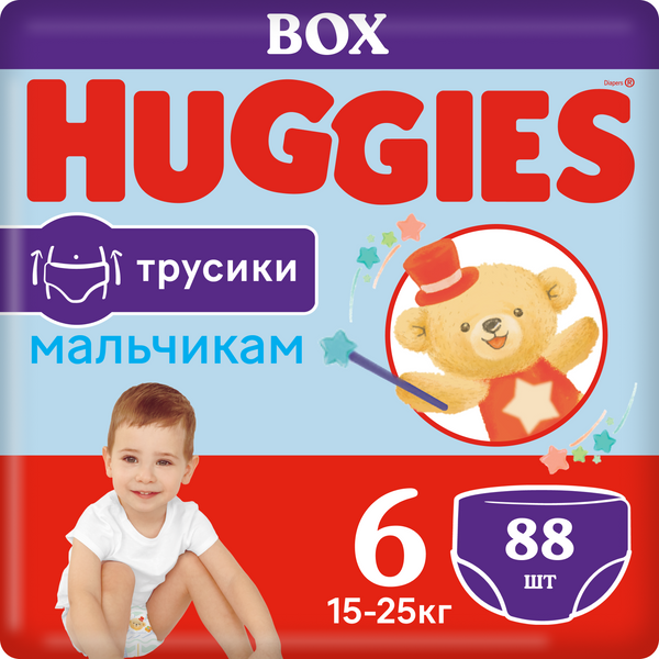 Подгузники-трусики Huggies для мальчиков 15-25 кг, 6 размер, 88 шт подгузники трусики merries размер l 9 14 кг 44 шт 3 уп 2152400871