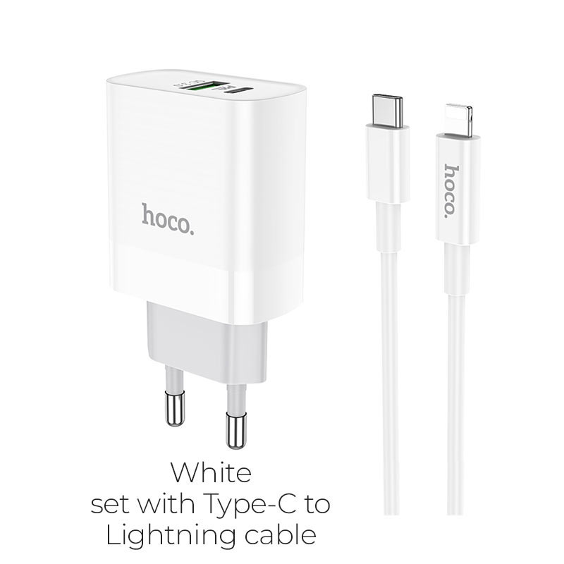 

Сетевое зарядное устройство Hoco C80A (3А, QC3.0, PD, кабель Type-C-Lightning), белый