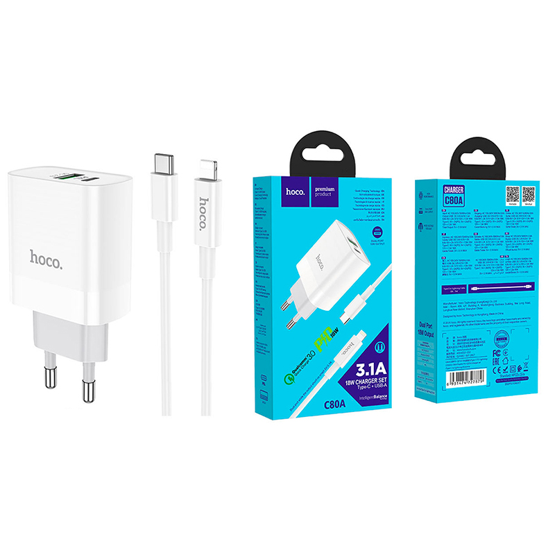 фото Зарядное устройство basemarket для usb/type-c 3а, qc3.0, pd, кабель type-c-lightning