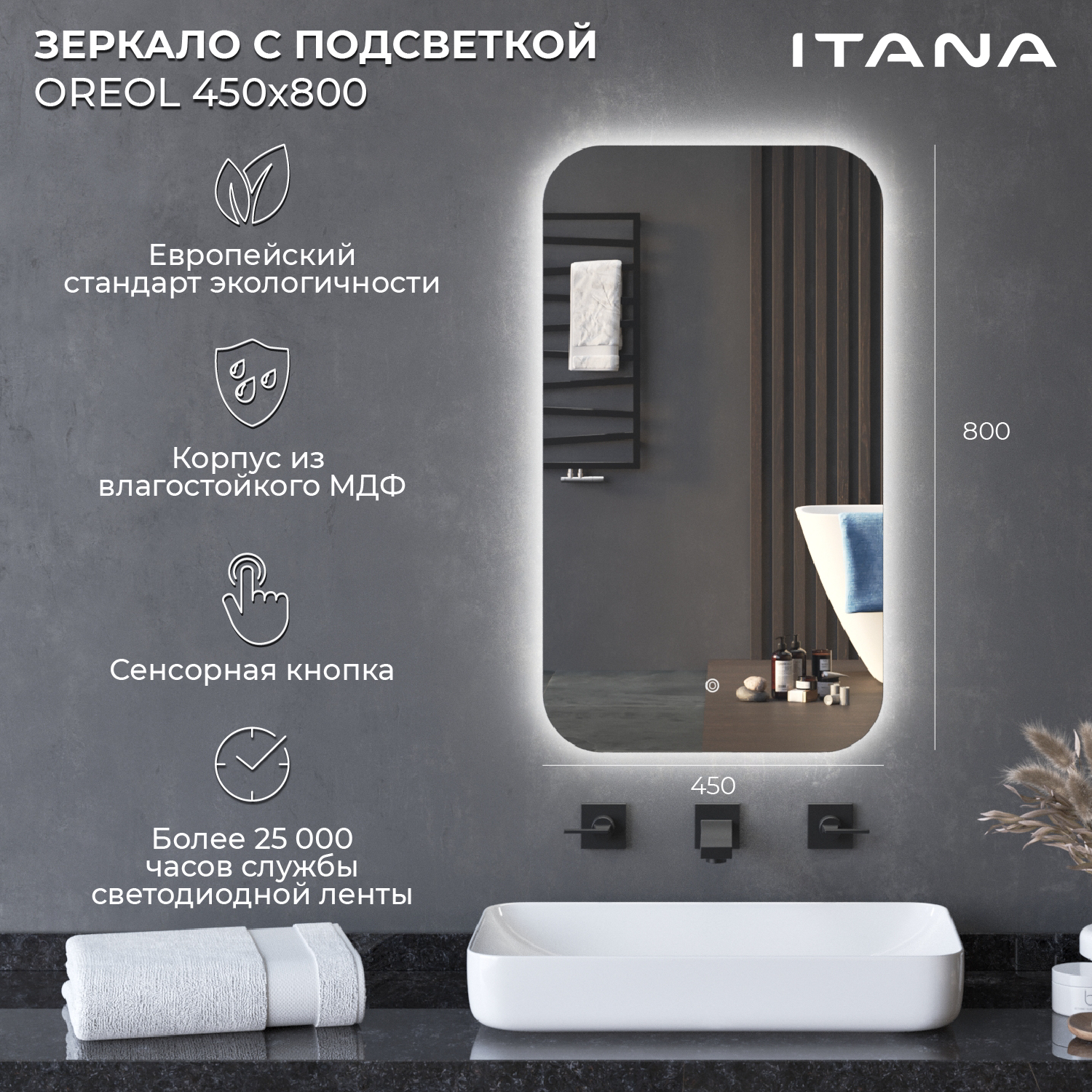 

Зеркало с подсветкой Итана Oreol 2.0 450х26х800, Белый, Зеркало с подсветкой Итана Oreol