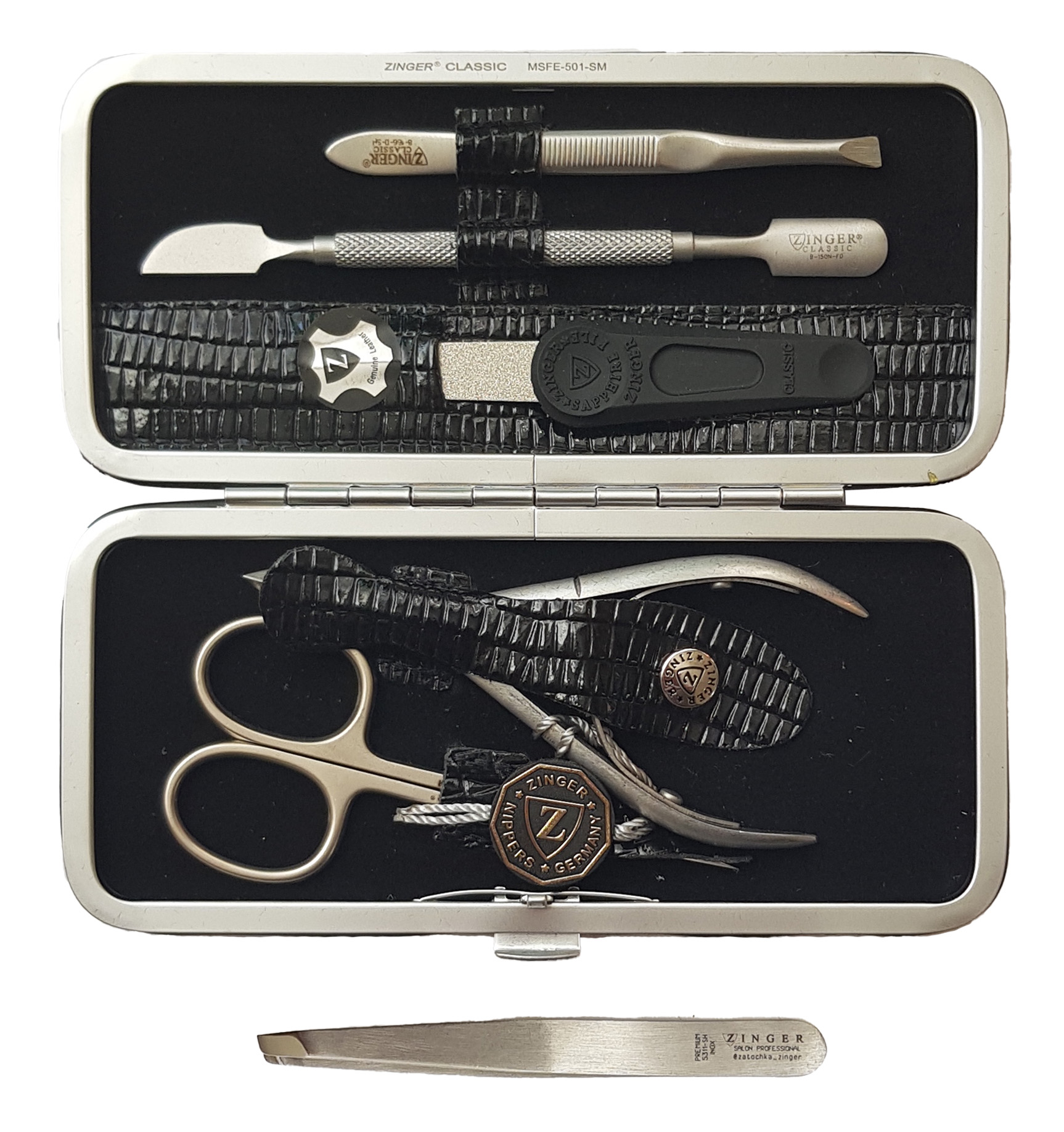 Маникюрный набор Premium-качества Zinger MSFE-501-3 SM, 5 предметов + пинцет, чёрный набор кухонный 6 предметов ножи 10 см 15 см 15 см 18 см ножницы доска чёрный