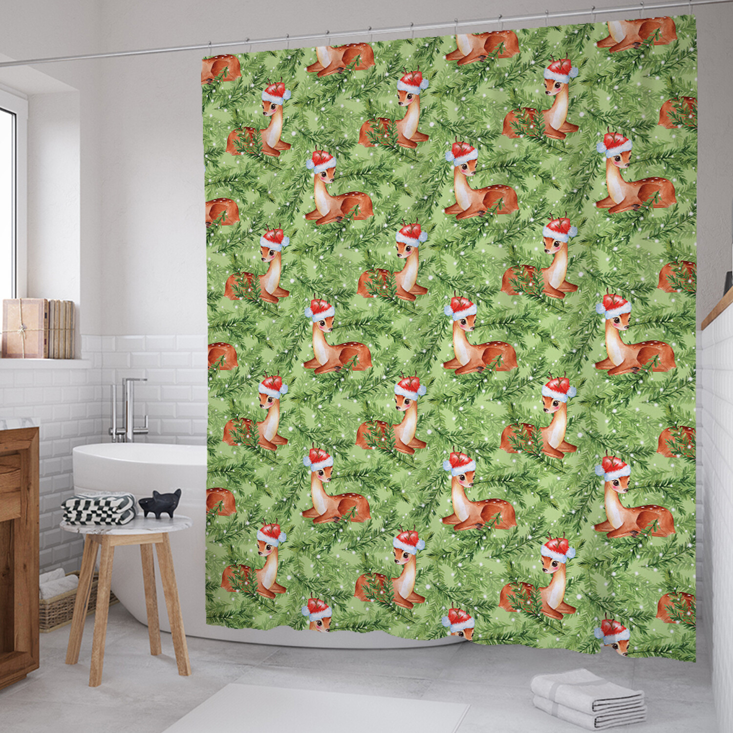 

Штора для ванной JoyArty Новогодние оленята, сатен, 180х200 см с крючками, Зеленый, Новогодние оленята
