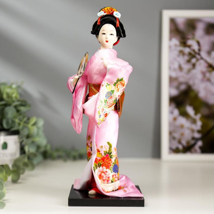 Кукла Японка в розовом кимоно с опахало, 25х9,5х9,5 см