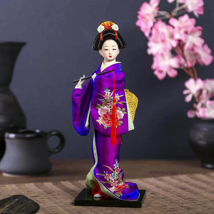 Кукла Японка в фиолетовом кимоно с флейтой, 25х9,5х9,5 см