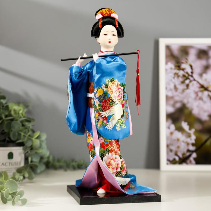 Кукла Японка в шелковом голубом кимоно с флейтой, 30х12,5х12,5 см