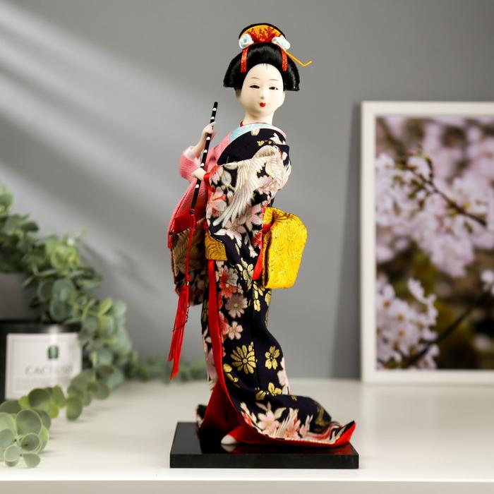 Кукла Японка в цветочном кимоно с флейтой, 30х12,5х12,5 см
