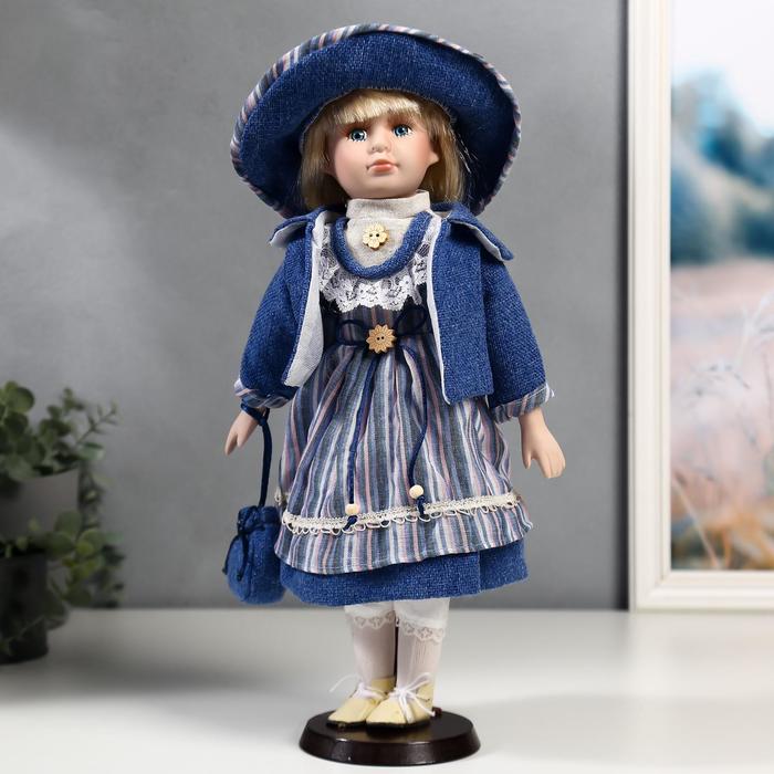 Кукла керамика, Стася в синем полосатом платье и синей куртке 40 см кукла коллекционная кнр керамика глория в кантри платье и шляпе с мишкой 30 см