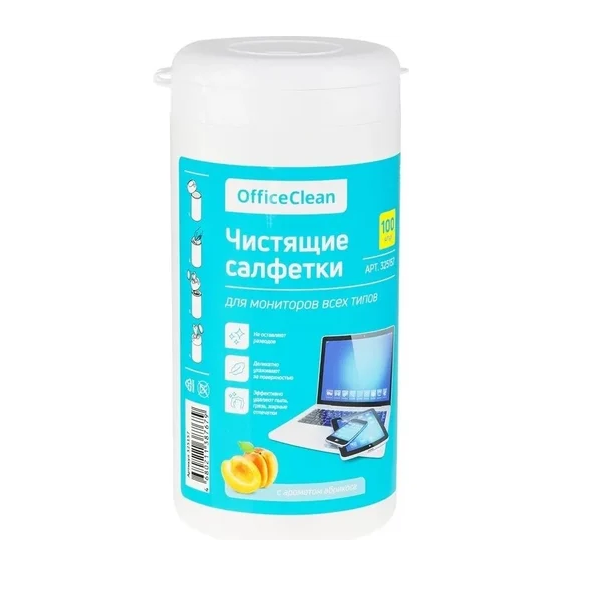 Чистящие салфетки OfficeClean для мониторов всех типов, в тубе 100шт (325157)