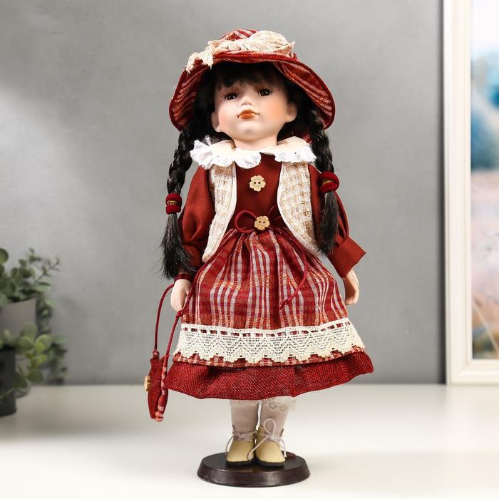фото Кукла керамика, иришка в красном платье клетку 40 см nobrand