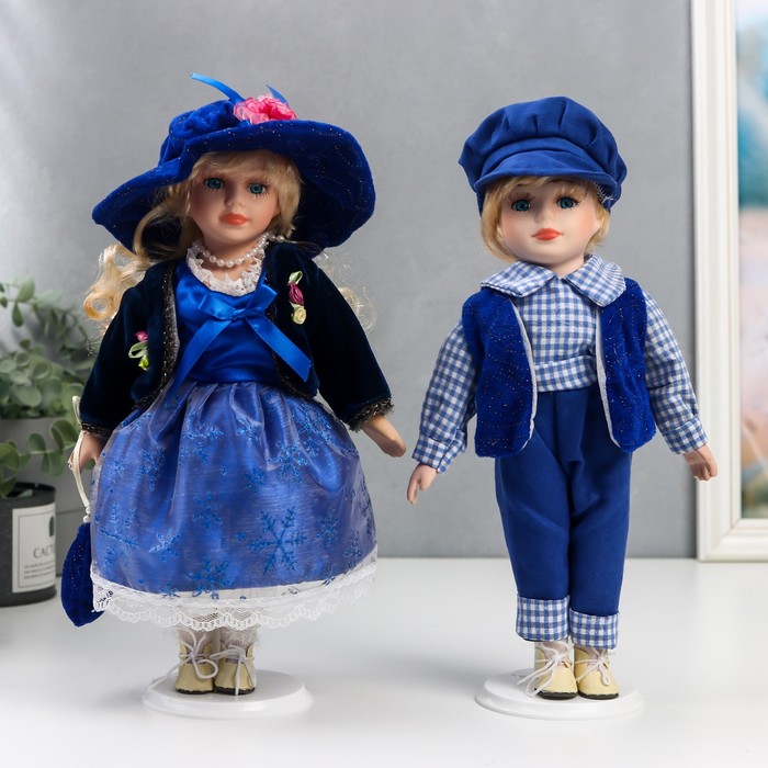 фото Кукла парочка, 2 шт, лена и сергей в ярко-синих нарядах 30 см nobrand