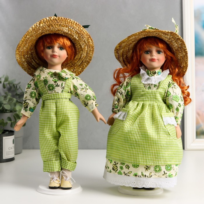 фото Кукла парочка, 2 шт, таня и ваня в ярко-зеленых нарядах клетку 30 см nobrand