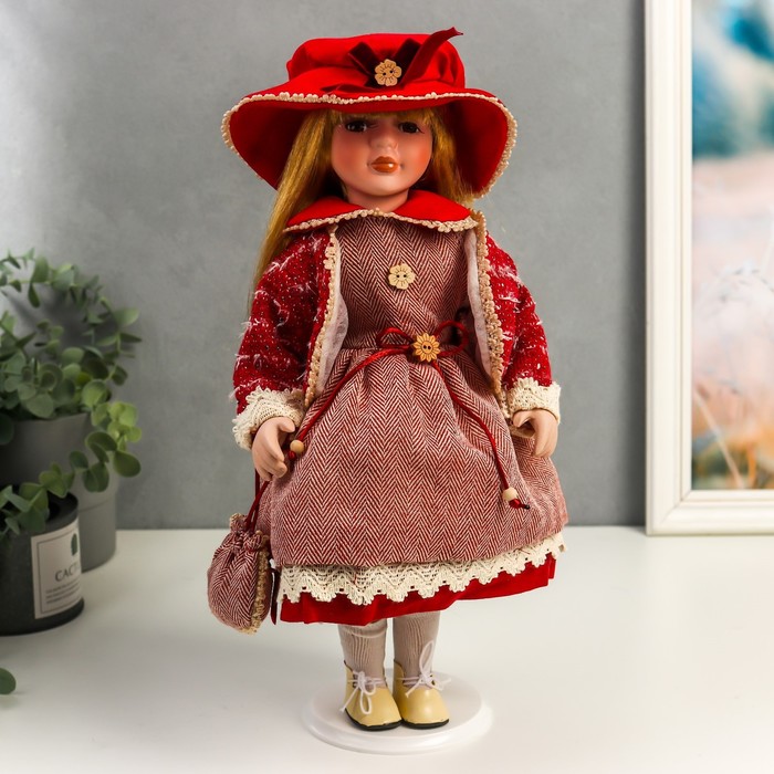 фото Кукла керамика, машенька в коралловом платье и бордовом жакете 40 см nobrand