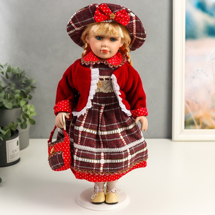 Кукла керамика, Инга в красном, платье горох и клетку 40 см кукла коллекционная кнр керамика марина в бордовом платье в клетку 40 см