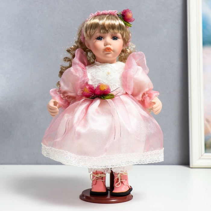 Кукла керамика, Флора в бело-розовом платье и лентой на голове 30 см