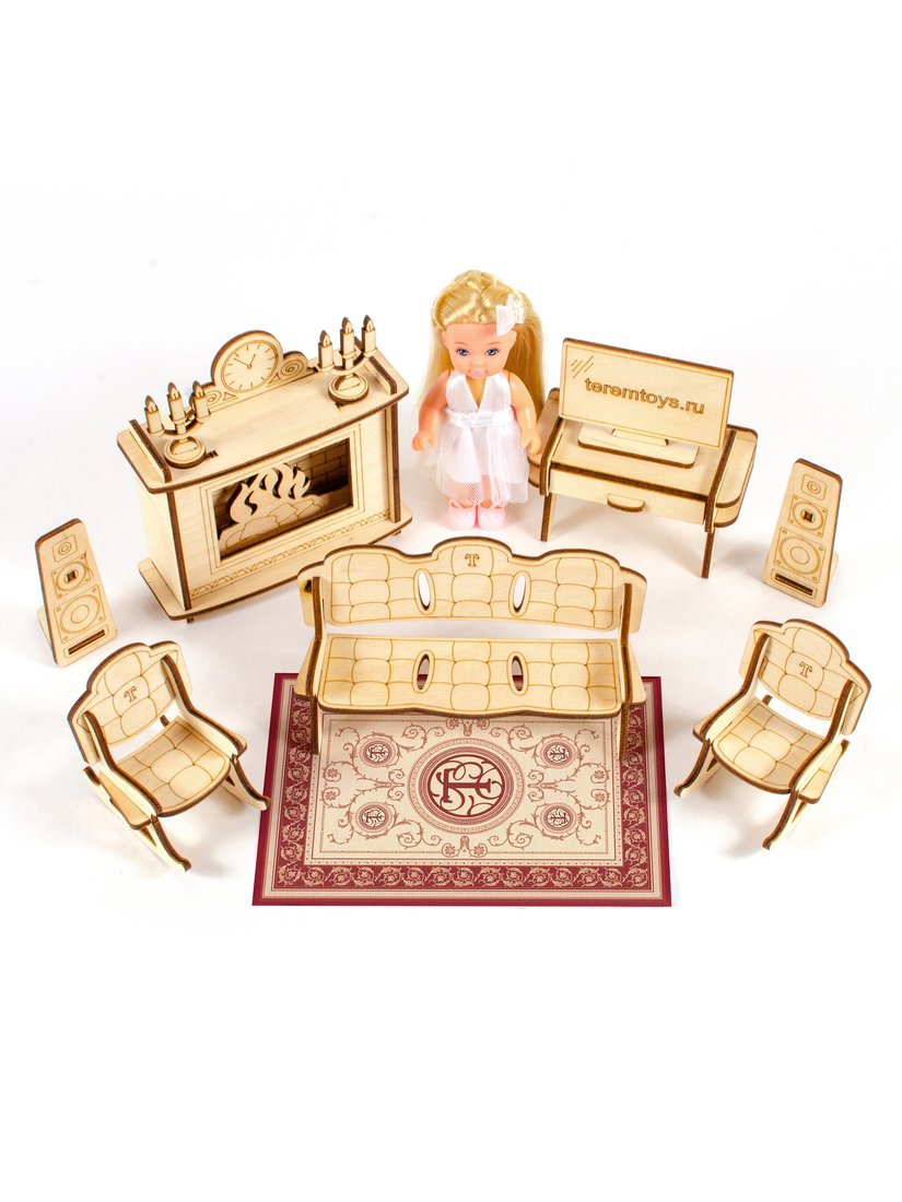 фото Мебель для кукол теремок гостиная с камином, 10-15 см