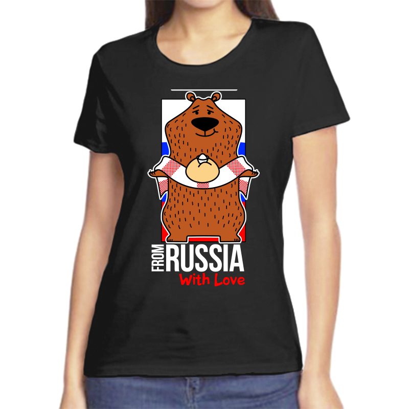 

Футболка женская черная 42 р-р с надписью Россия from Russia with love 4, Черный, fzh_from_russia_with_love_medved