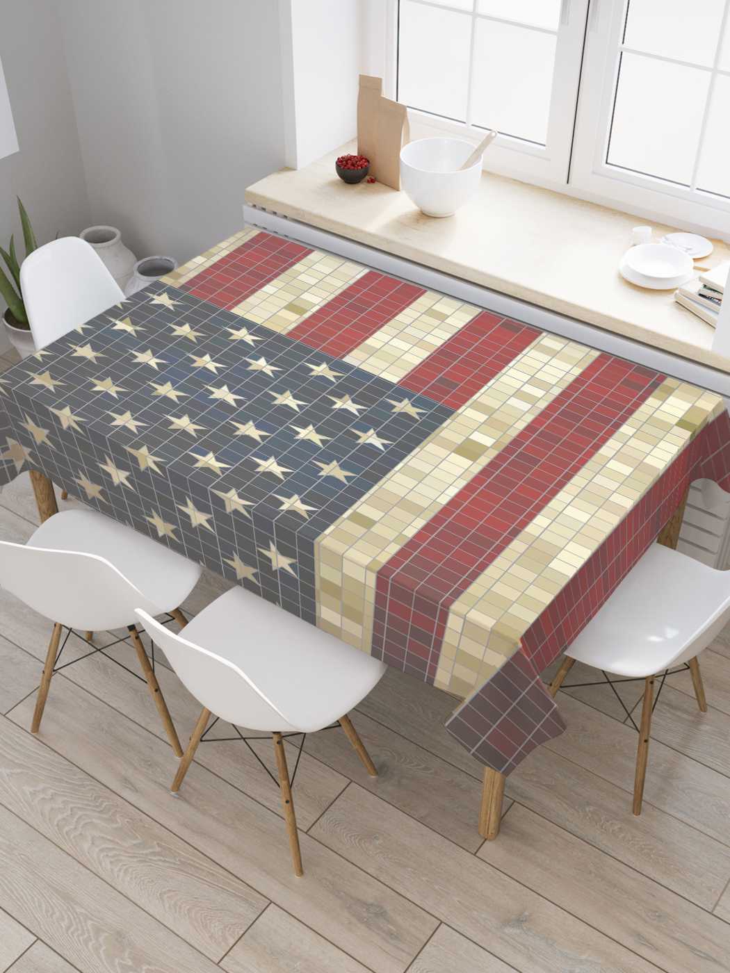 

Скатерть прямоугольная JoyArty "Мозаичный флаг Америки" из сатена, 180x145 см, Серый, Мозаичный флаг Америки