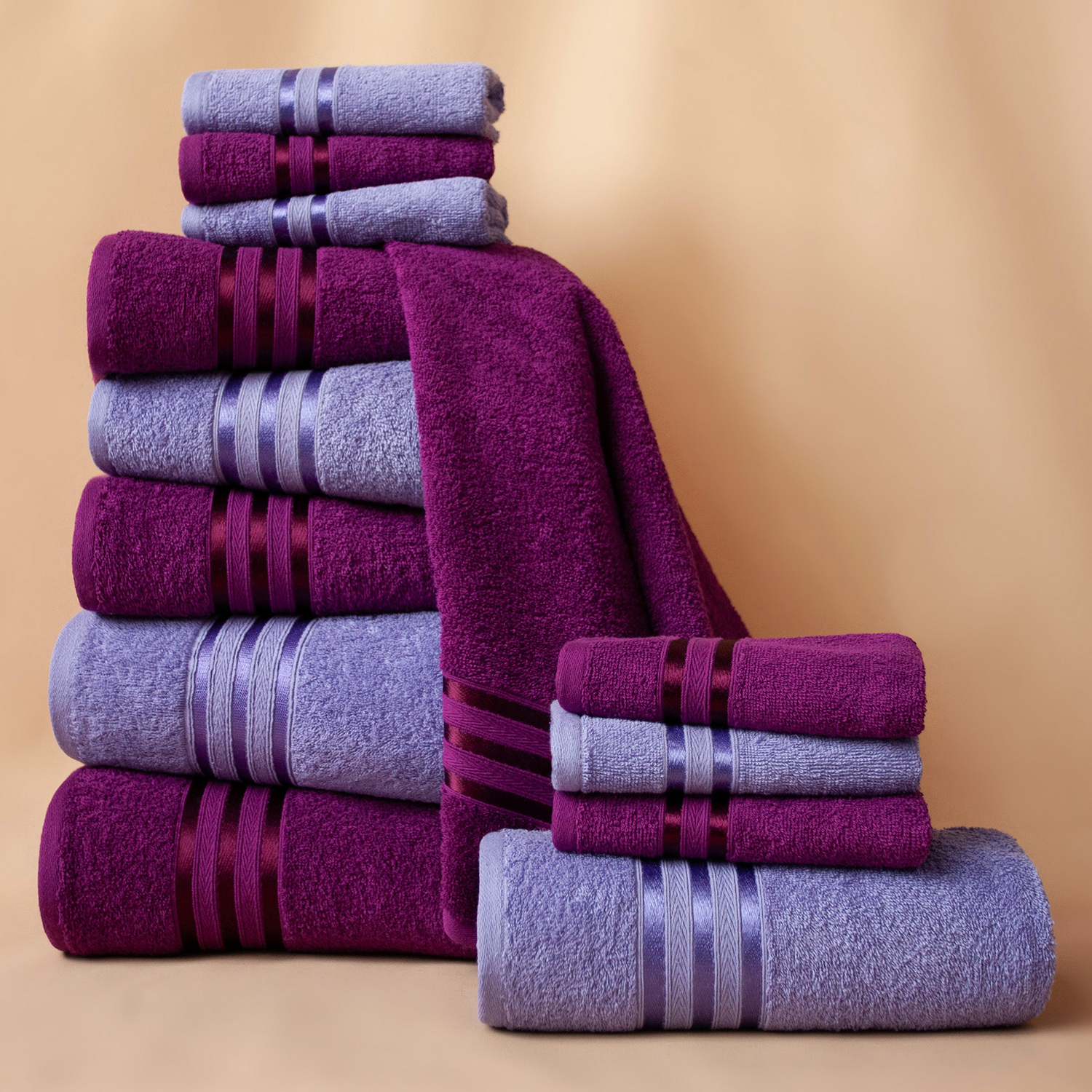 

Полотенца 12 шт. Harmonika Махра 1160 Сиреневый, 3222 Пурпурный 30х50 6, 50х80 4, 70х130 2