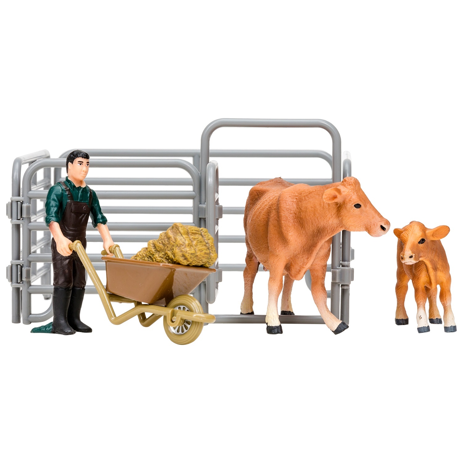 фото Фигурка masai mara 6 предметов, (фермер, корова с теленком, ограждение-загон, инвентарь)
