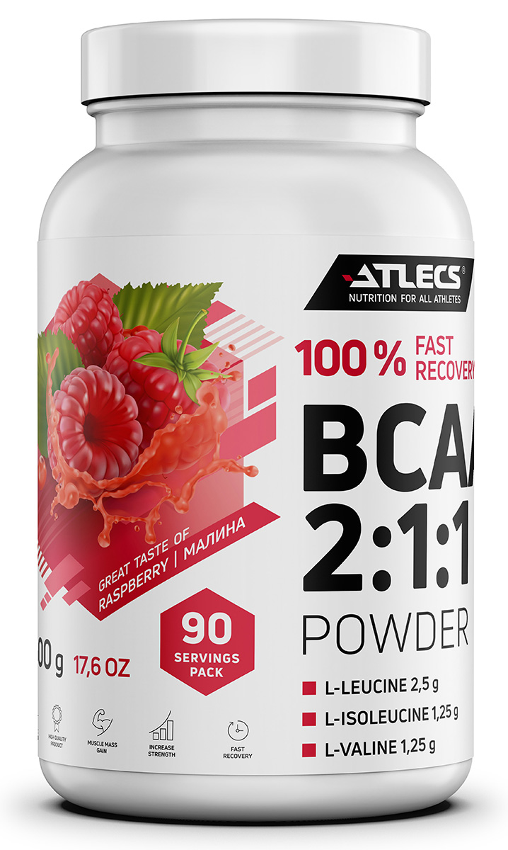 

BCAA Atlecs 2:1:1 500 гр. 90 пор., без сахара, малина, BCAA 2.1.1 500
