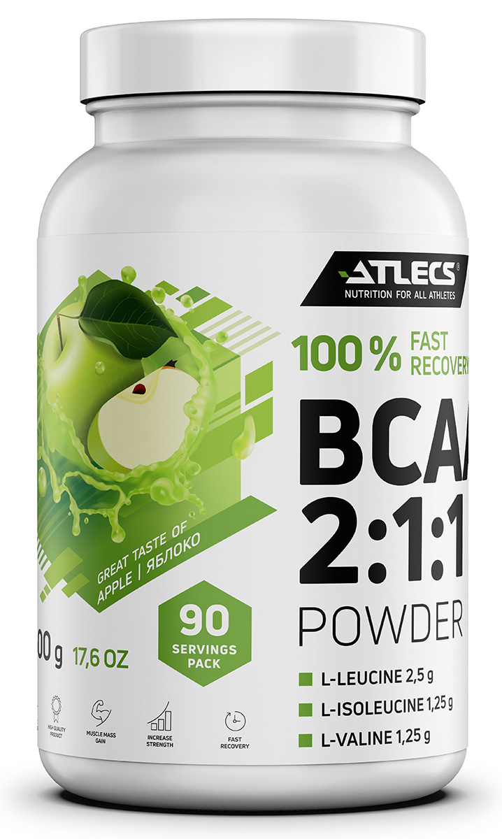 

BCAA Atlecs 2:1:1 500 гр. 90 пор., без сахара, яблоко, BCAA 2.1.1 500