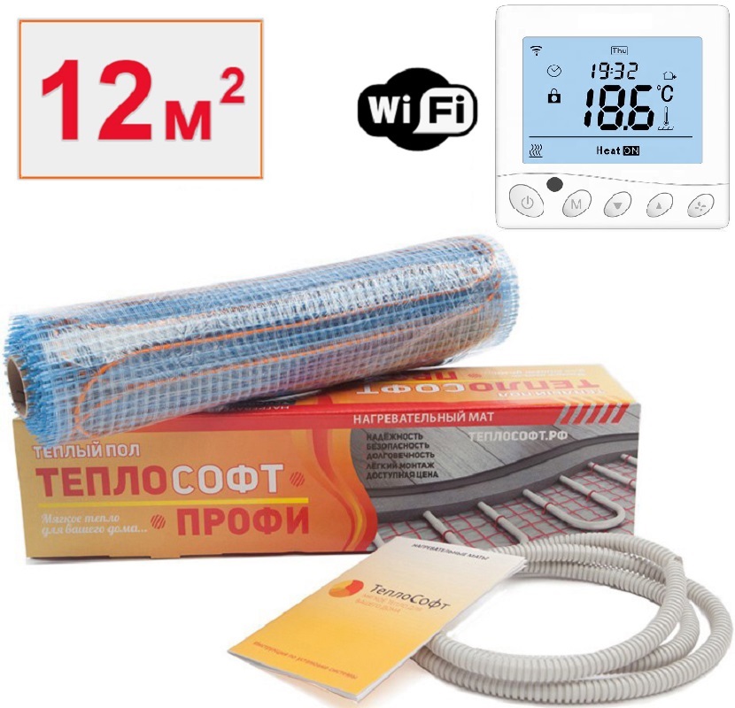 Теплый пол нагревательный мат Теплософт Профи 12 м2 1800 Вт с wi-fi терморегулятором