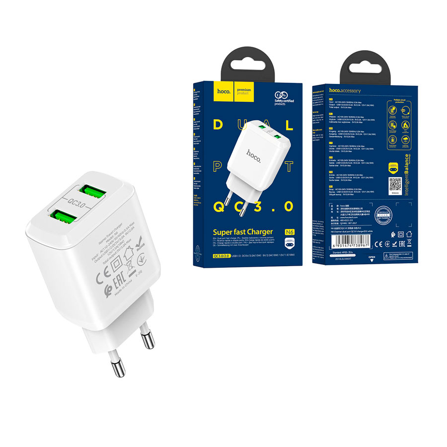 

Сетевое зарядное устройство Hoco N6 (3A, 2 USB, QC 3.0) (белое)