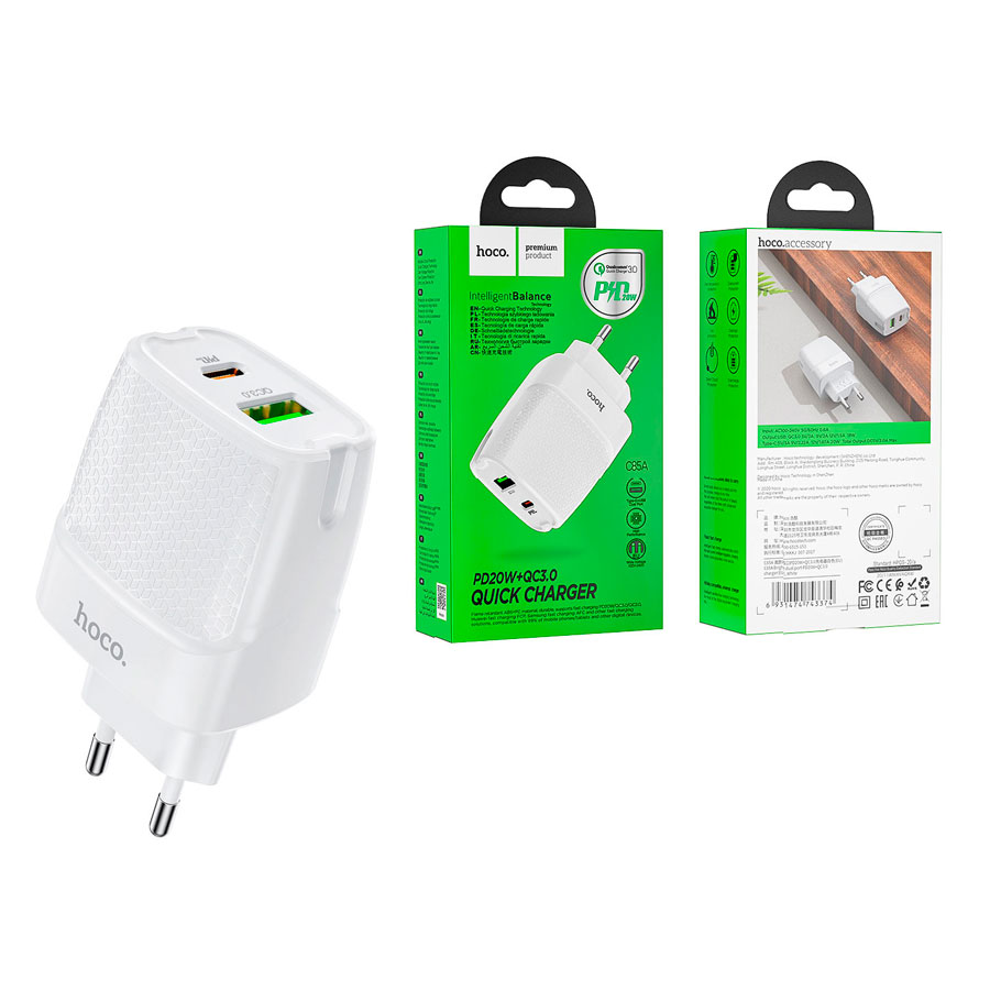 фото Сетевое зарядное устройство usb/type-c hoco c85a (3а, qc3.0, pd) (белое) basemarket